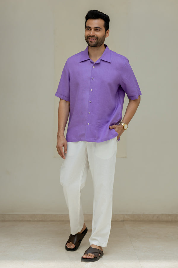 Linen Men Shawl Collar Shirt - Purple