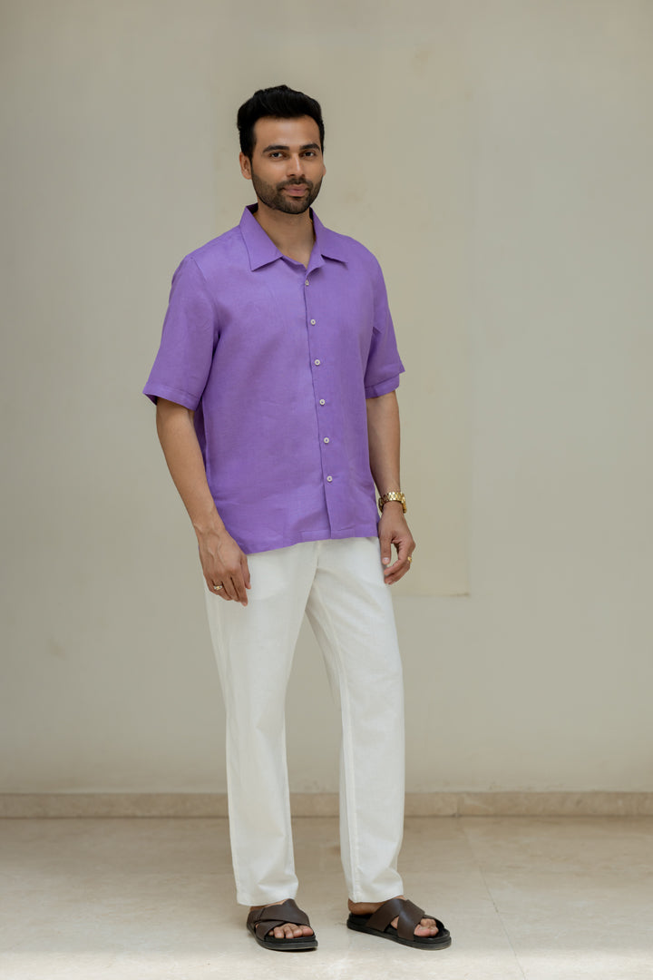 Linen Men Shawl Collar Shirt - Purple