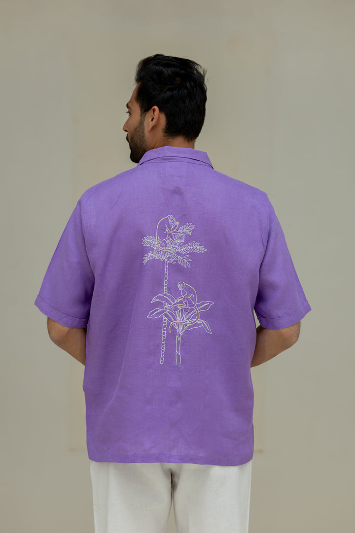 Linen Men Shawl Collar Shirt - Purple