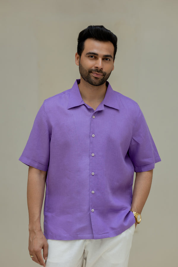 Linen Men Shawl Collar Shirt - Purple