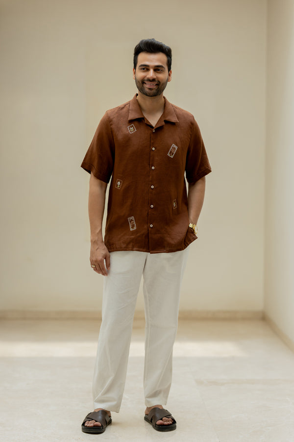 Linen Men Shawl Collar Shirt - Chocolate Brown