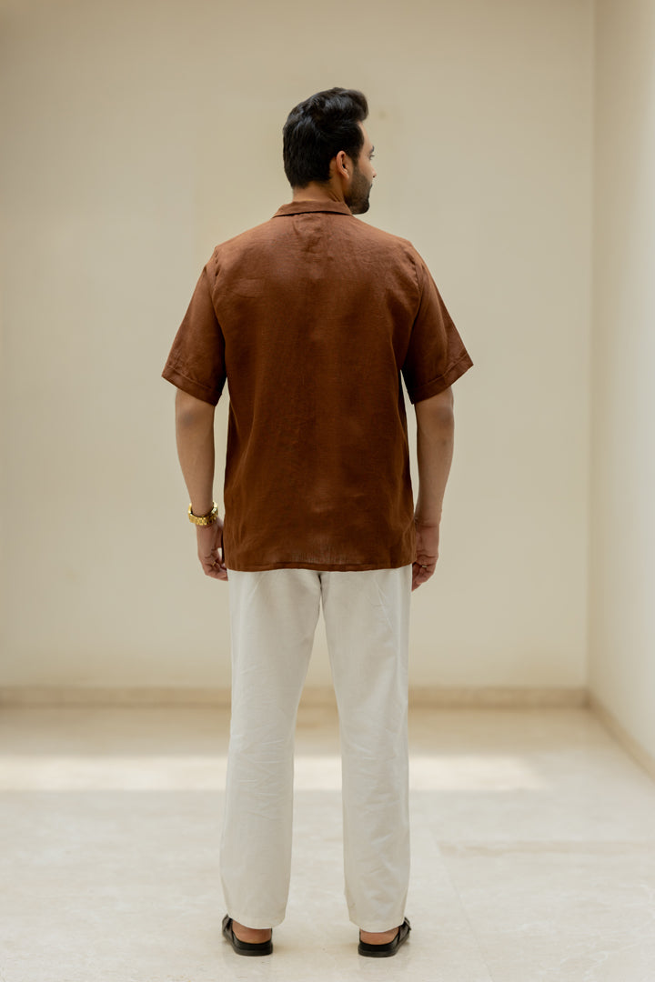 Linen Men Shawl Collar Shirt - Chocolate Brown