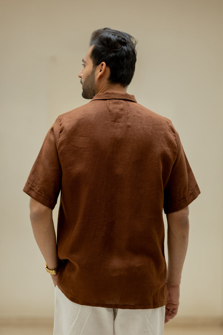 Linen Men Shawl Collar Shirt - Chocolate Brown