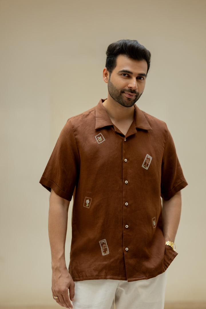 Linen Men Shawl Collar Shirt - Chocolate Brown
