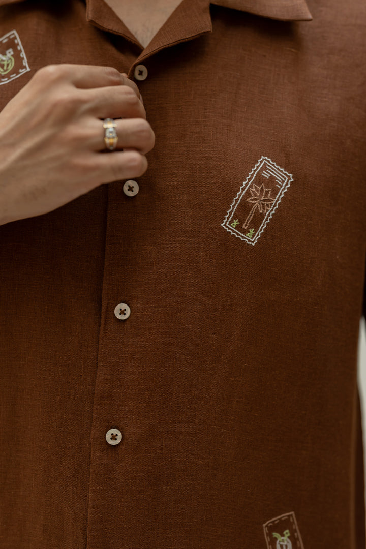Linen Men Shawl Collar Shirt - Chocolate Brown