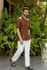 Linen Men Shawl Collar Shirt - Chocolate Brown