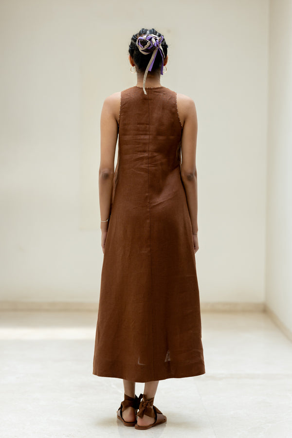 Linen V-NECK Panel Dress - Chocolate Brown