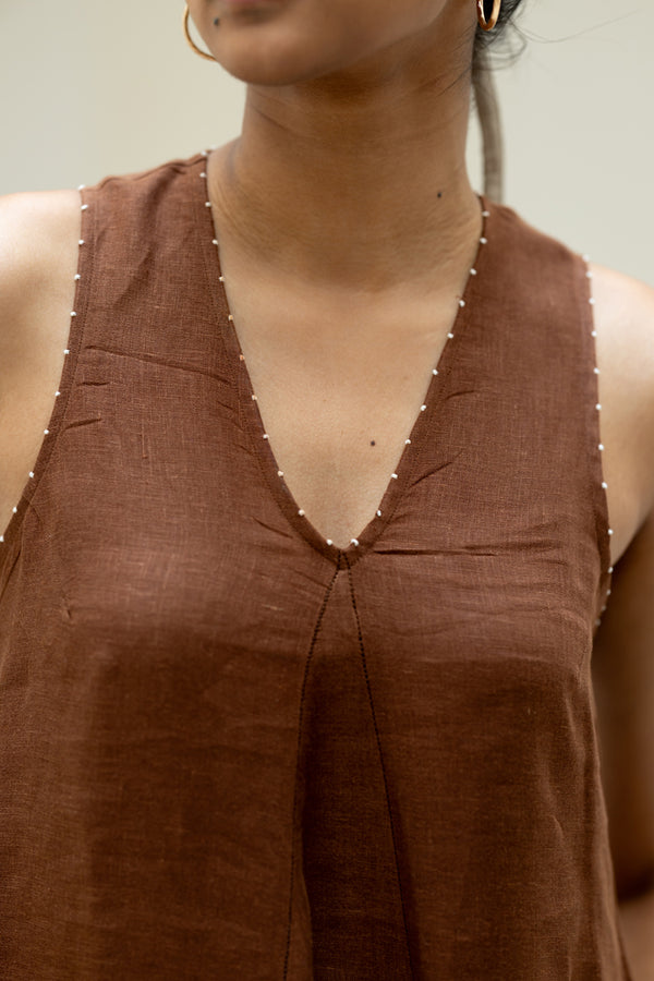 Linen V-NECK Panel Dress - Chocolate Brown