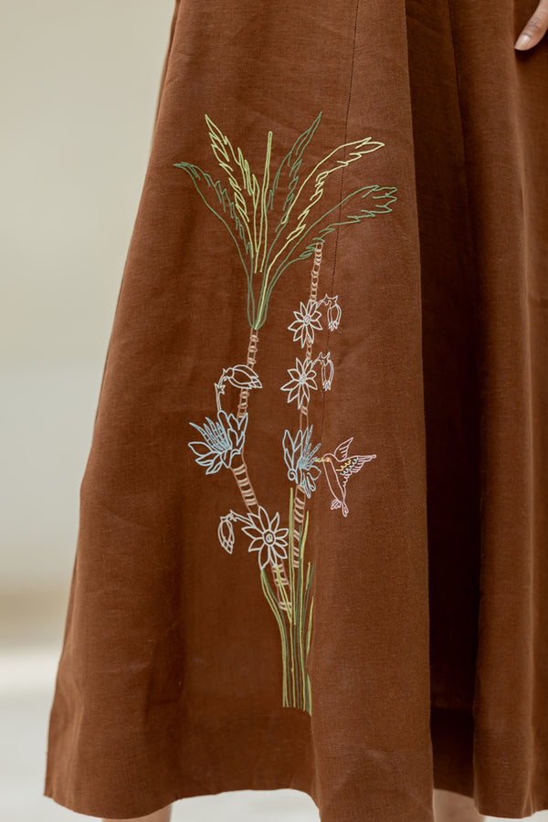 Linen V-NECK Panel Dress - Chocolate Brown