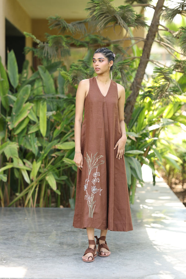Linen V-NECK Panel Dress - Chocolate Brown