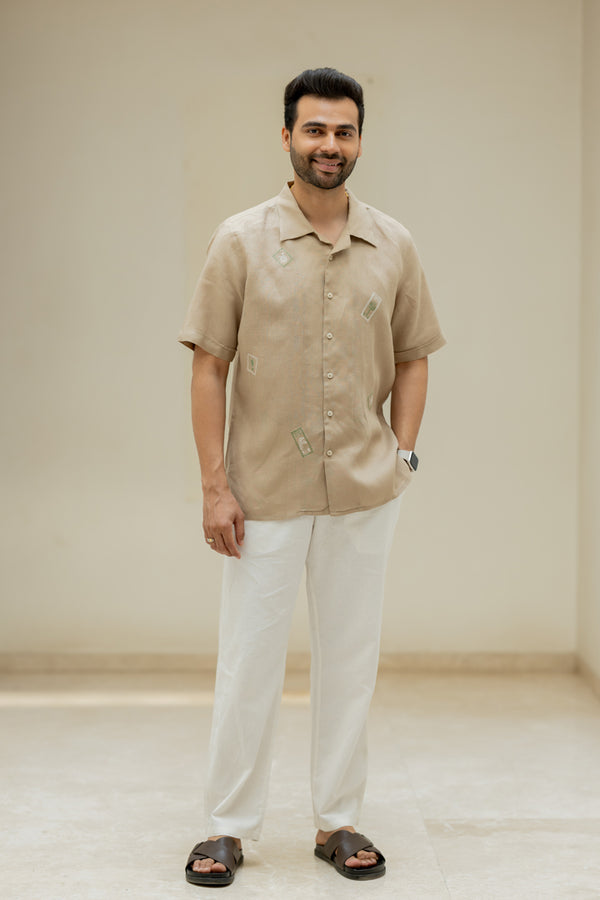 Linen Men Shawl Collar Shirt - Bamboo