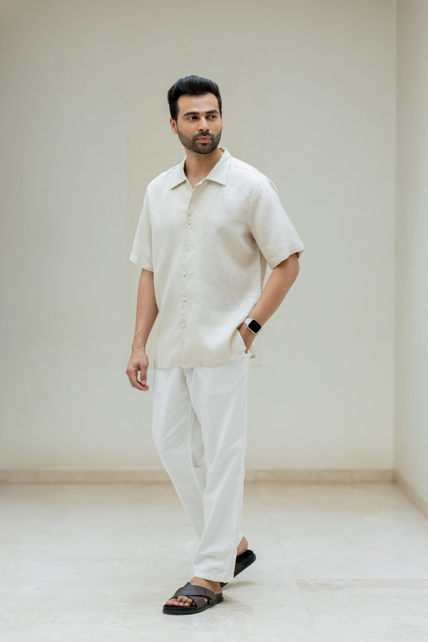 Linen Men Shawl Collar Shirt - Oatmeal