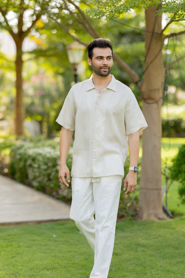 Linen Men Shawl Collar Shirt - Oatmeal