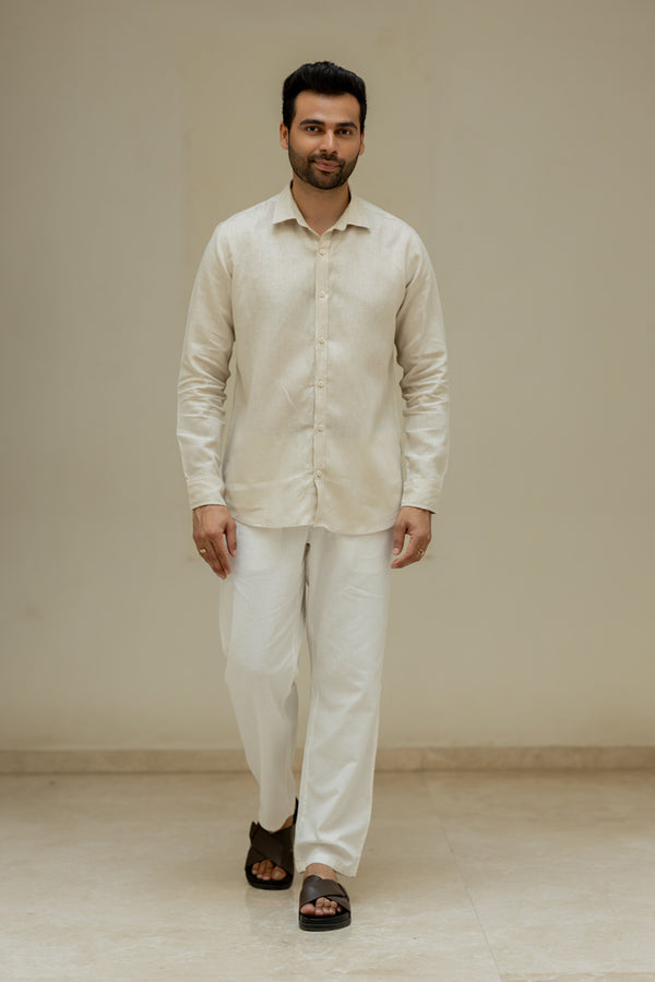 Linen Men Shawl Collar Shirt - Oatmeal