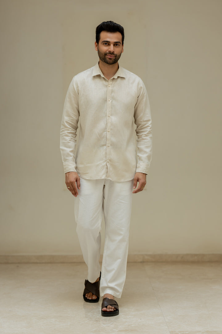 Linen Men Shawl Collar Shirt - Oatmeal
