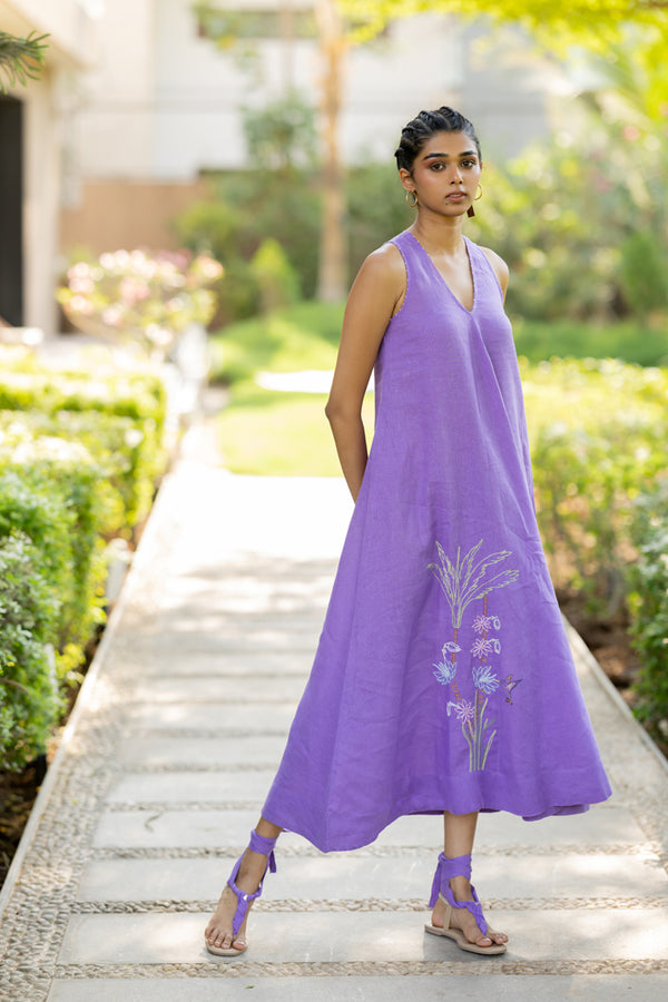 Linen V-Neck Panel Dress - Purple