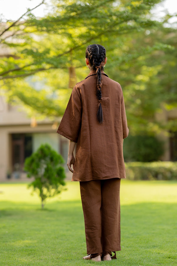 Linen Zipper Pants - Chocolate Brown