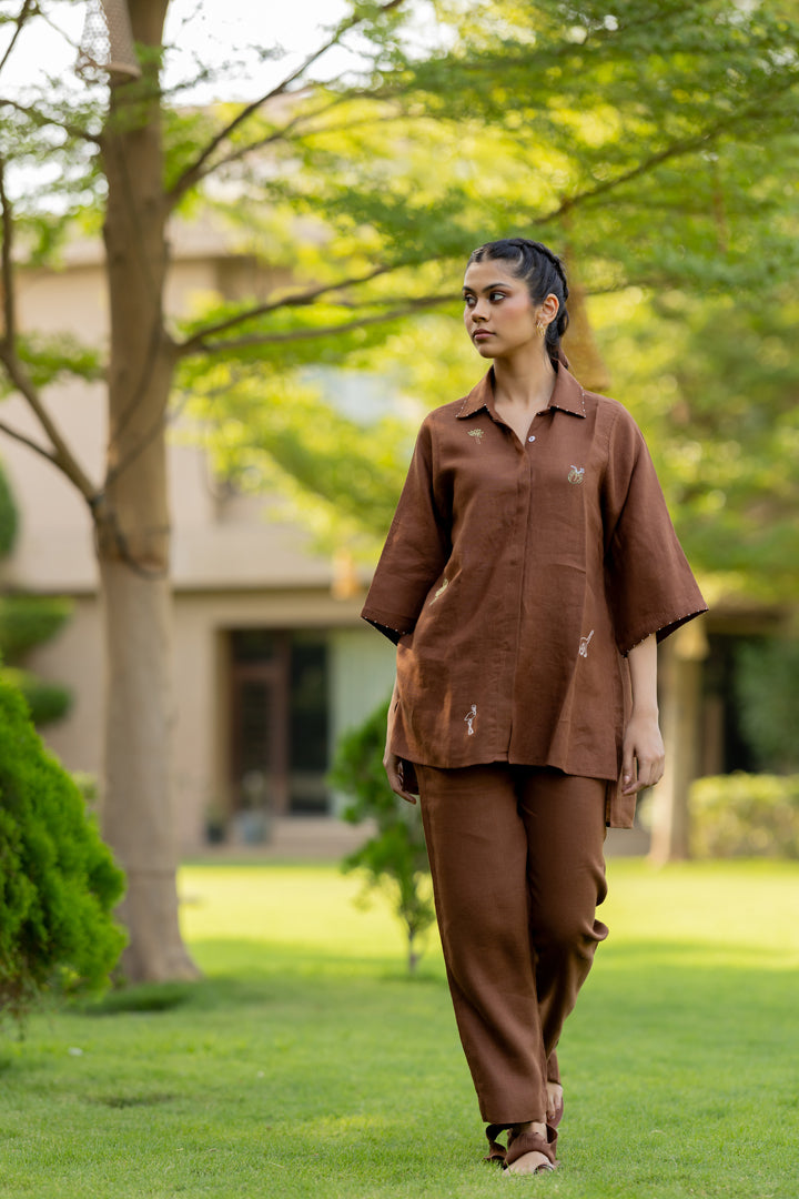 Linen Shirt Kurta - Chocolate Brown