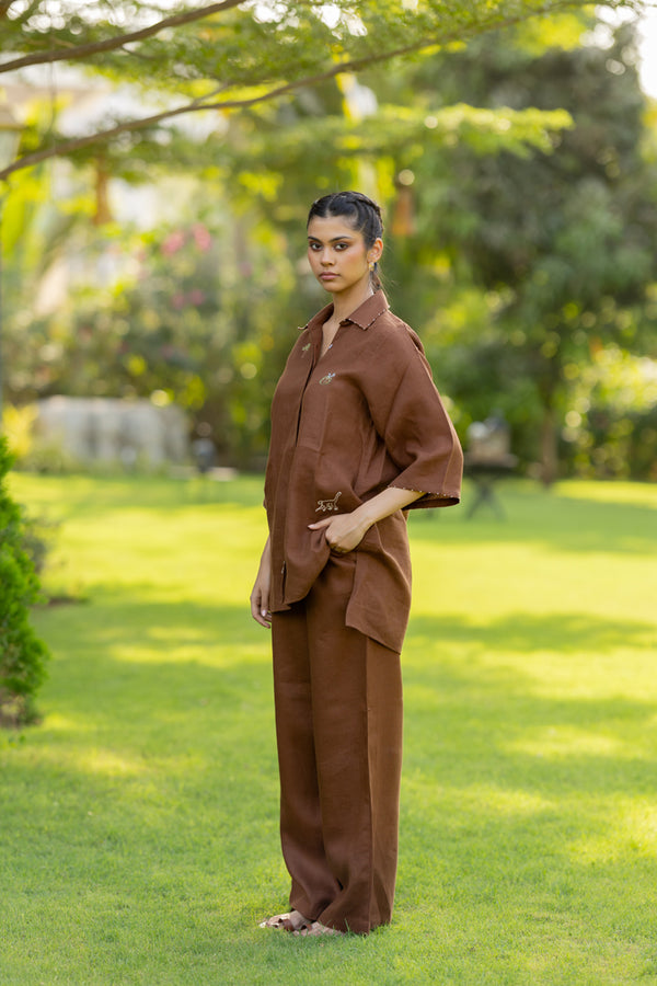 Linen Zipper Pants - Chocolate Brown
