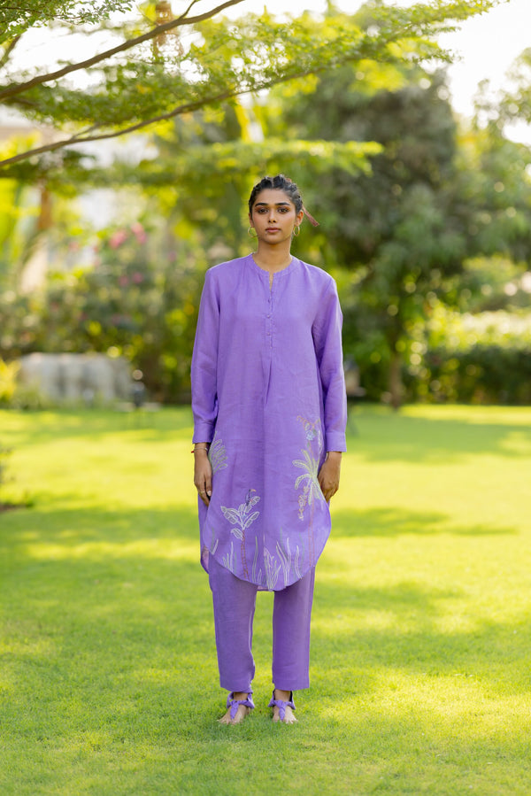 Linen Over sized Lace Kurta - Purple