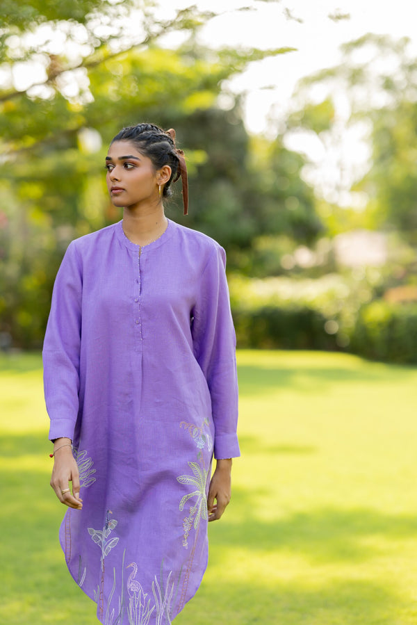 Linen Over sized Lace Kurta - Purple