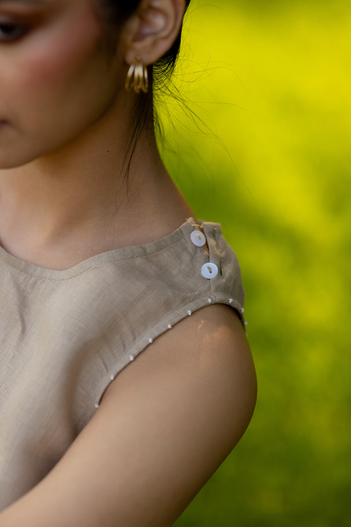 Linen Round Neck Kylie Top - Bamboo