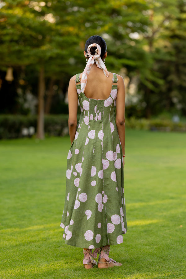 Linen Panel Dress- Green Floral