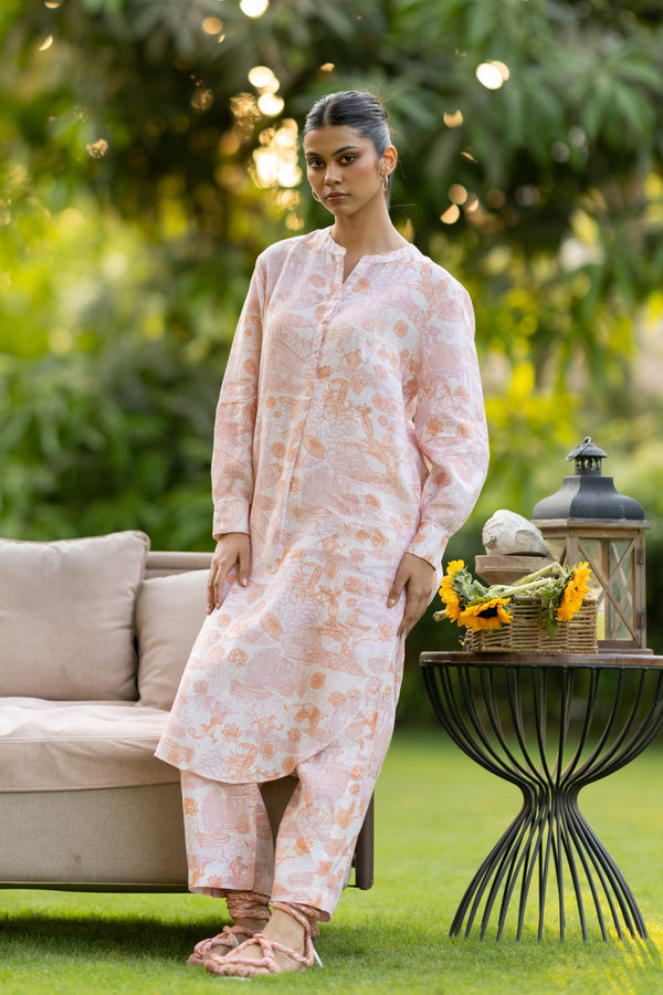 Linen Over sized Lace Kurta - Orange Banaras