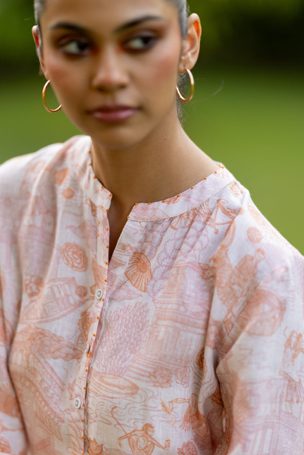 Linen Over sized Lace Kurta - Orange Banaras