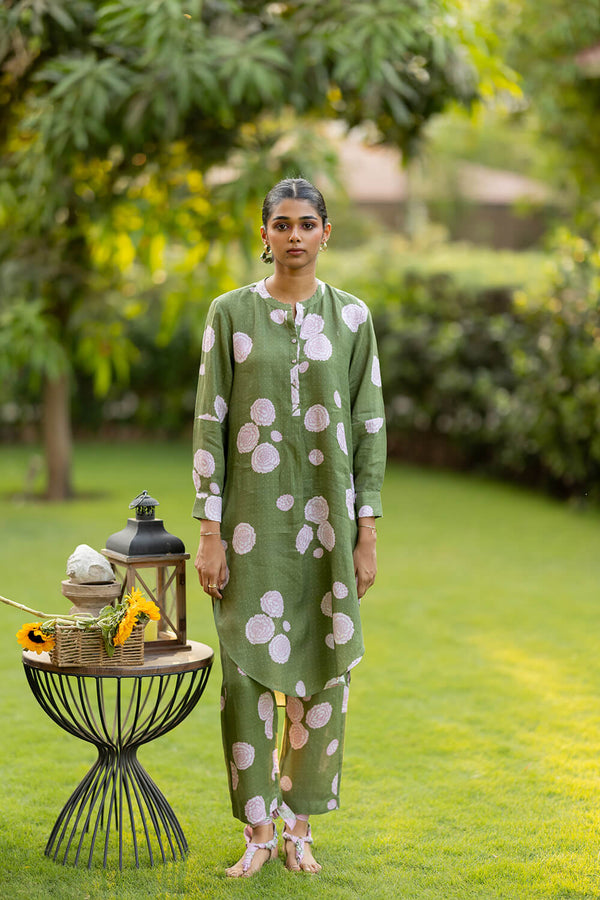 Linen Banaras Bloom Pant - Green and Pink