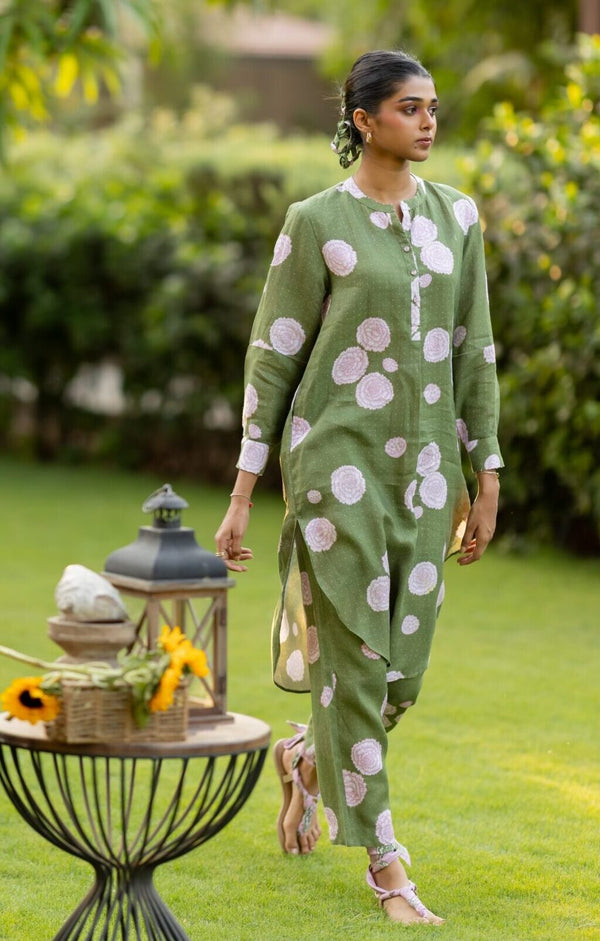 Linen Banaras Bloom Pant - Green and Pink