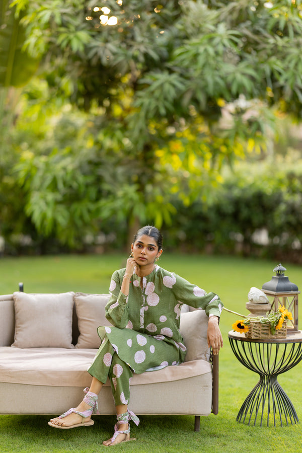 Linen Banaras Bloom Pant - Green and Pink