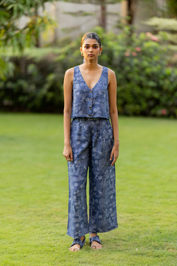 Linen Blue Banaras Zipper Pant