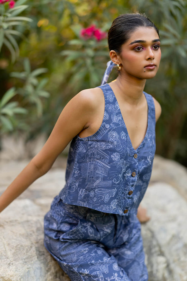 Linen Vest - Blue Banaras