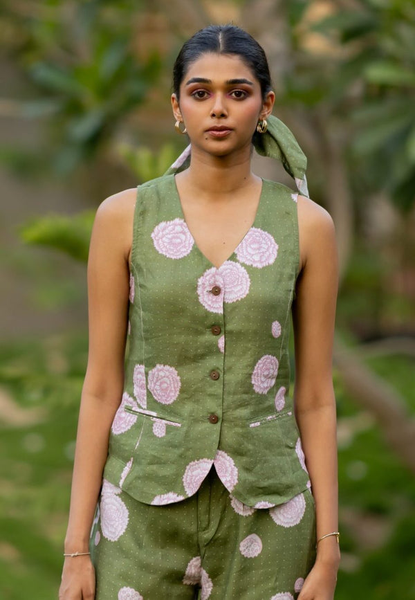 Linen Banaras Bloom Vest- Green and Pink