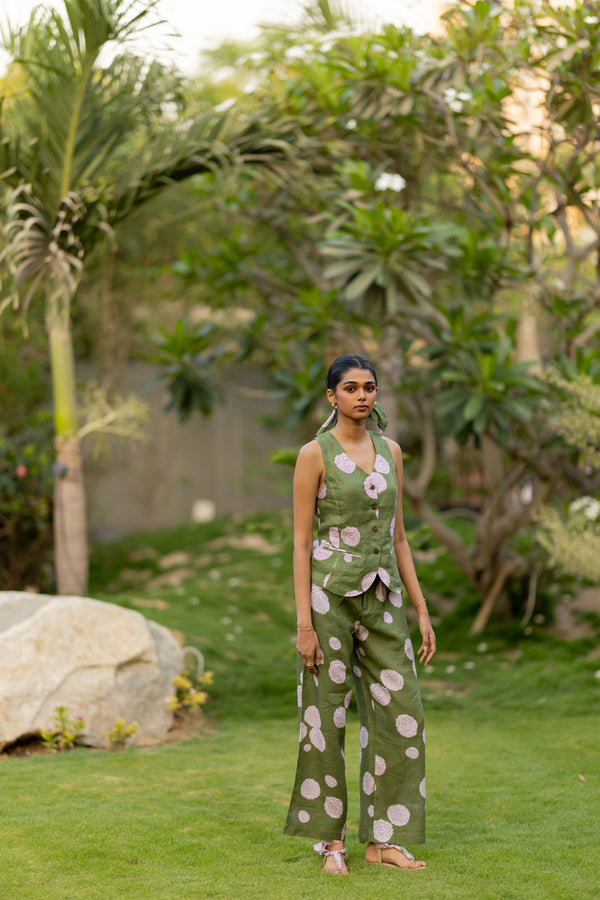 Linen Banaras Bloom Zipper Pant - Green and Pink