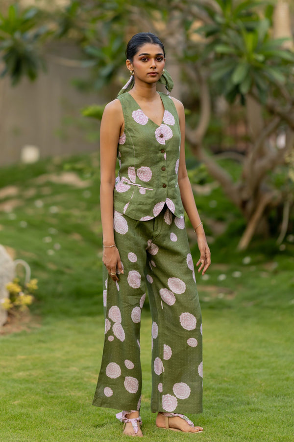 Linen Banaras Bloom Vest- Green and Pink