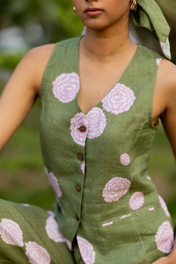 Linen Banaras Bloom Vest- Green and Pink