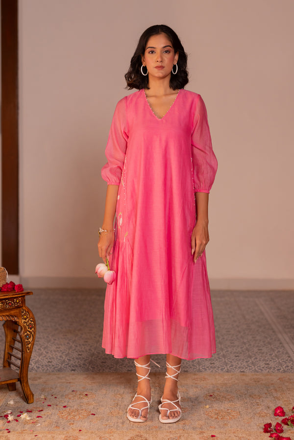 V-neck side frill dress