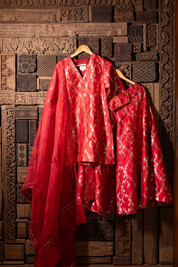 Banaras Silk Kurta sharara Set - Red