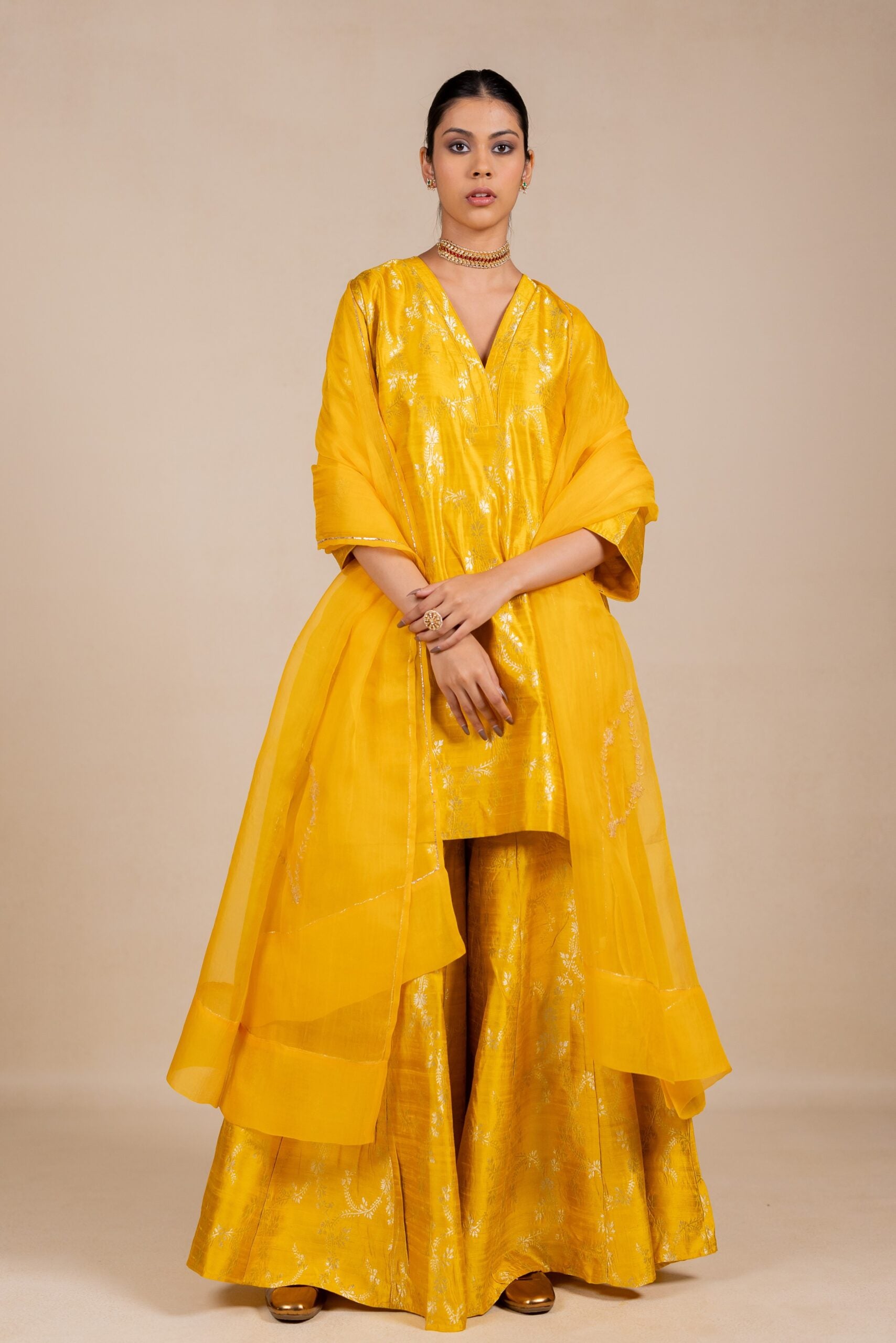 Banarasi Kurta Sharara Set- Yellow
