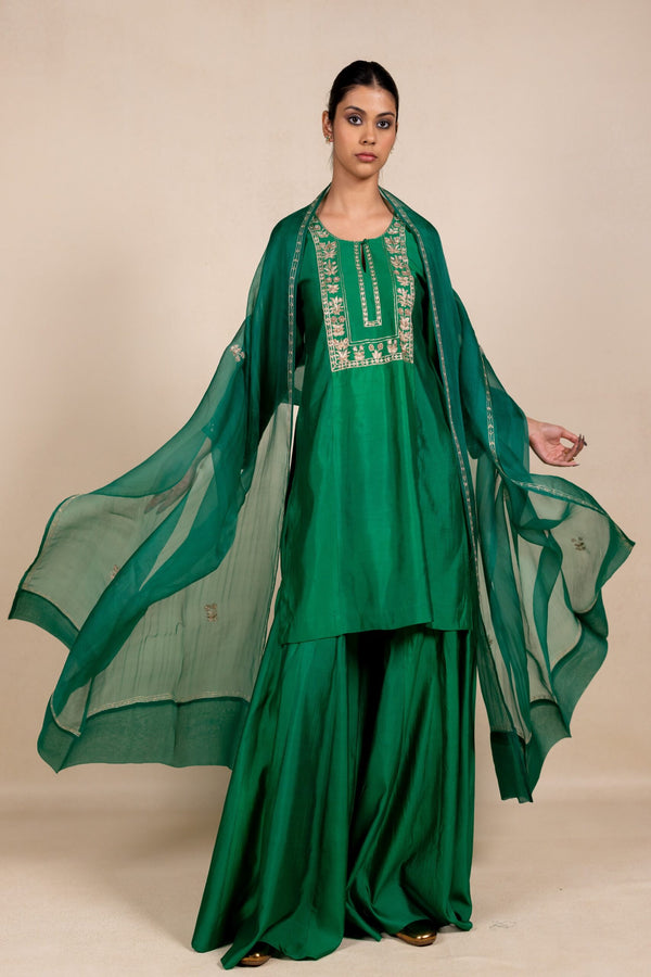 Radhika Silk Kurta Sharara Set - Green