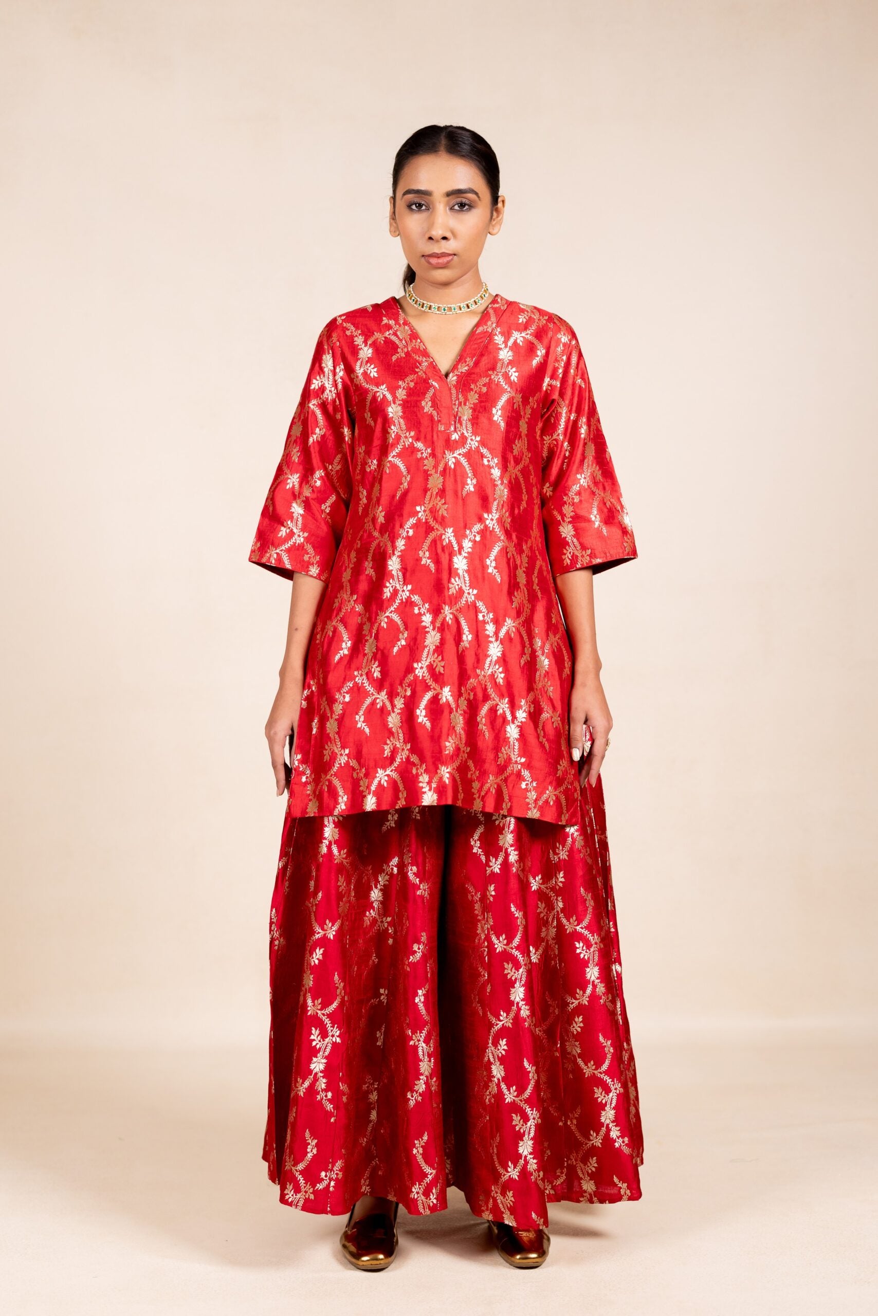 Banaras Silk Kurta sharara Set - Red