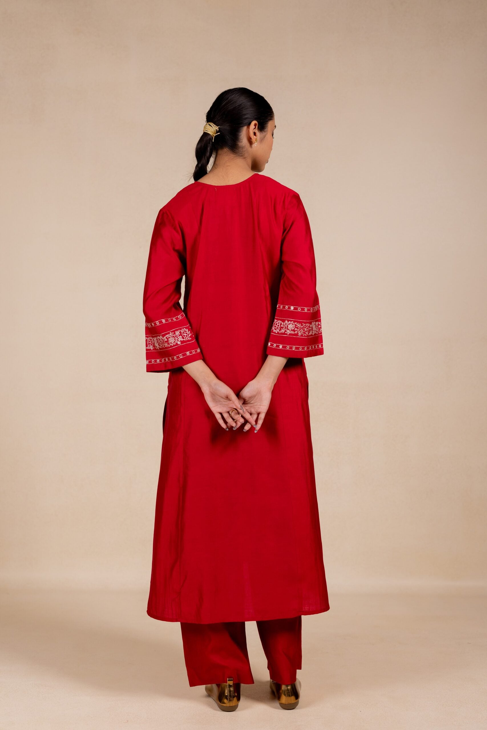 Rukmani Silk Embroidered Neck Kurta Set - Red
