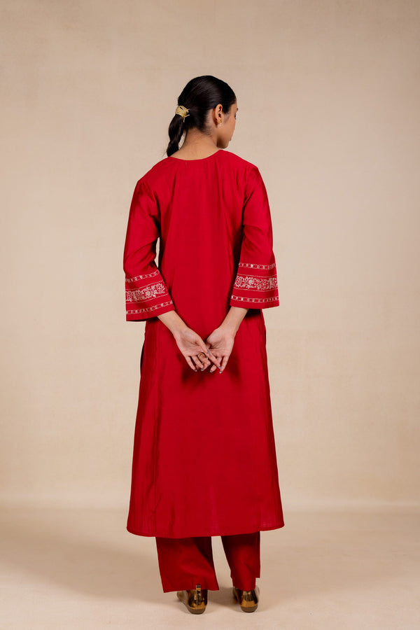 Rukmani Silk Embroidered Neck Kurta Set - Red