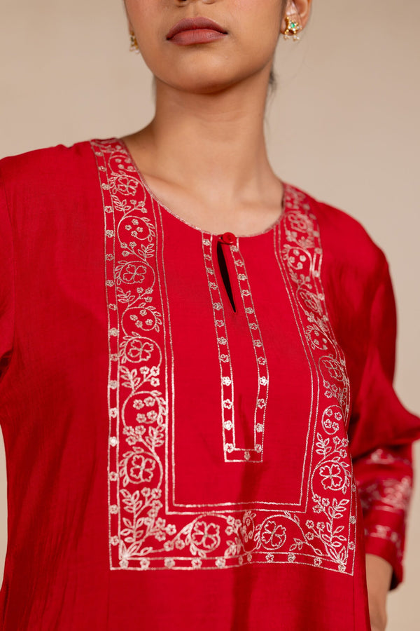 Rukmani Silk Embroidered Neck Kurta Set - Red