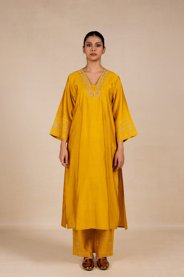 Devyani Embroidered Silk Kurta Set - Yellow
