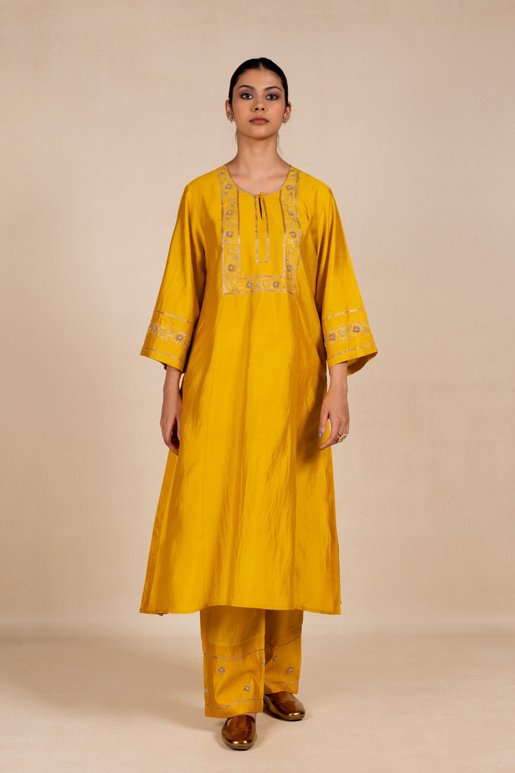 Rukmani Embroidered Silk Kurta Set - Yellow