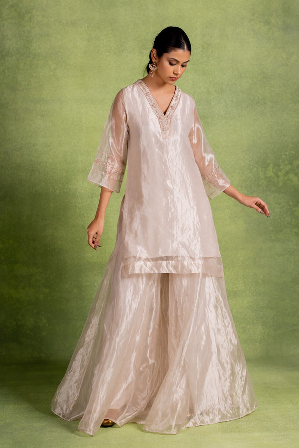 Aabha Tissue Silk Kurta Sharara Set - Silver