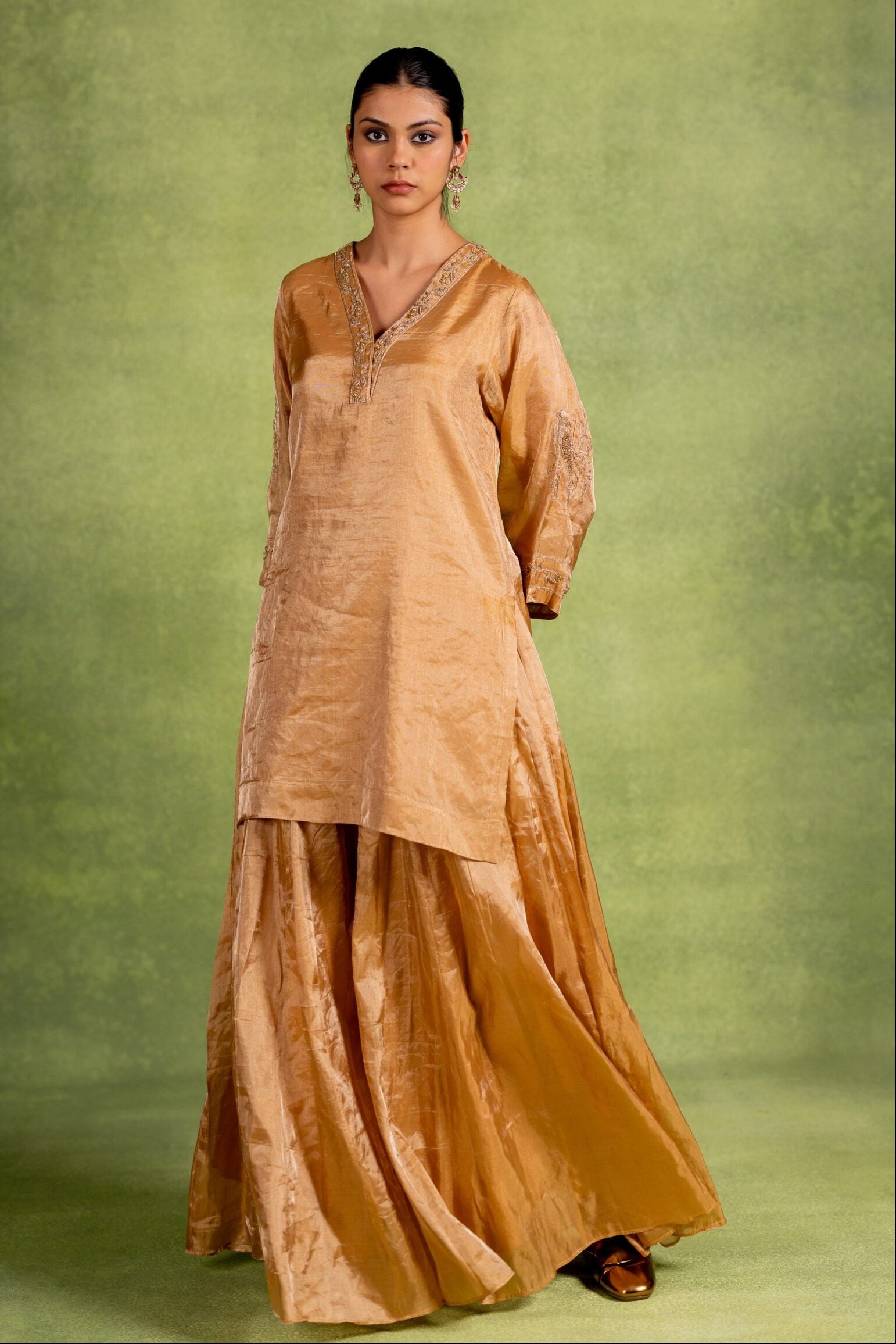 Aabha Tissue Silk Kurta Sharara Set - Golden